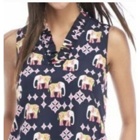 Crown & Ivy Elephant Print Ruffled Neck Shift Dress Petite 6P Sleeveless - Picture 11 of 13